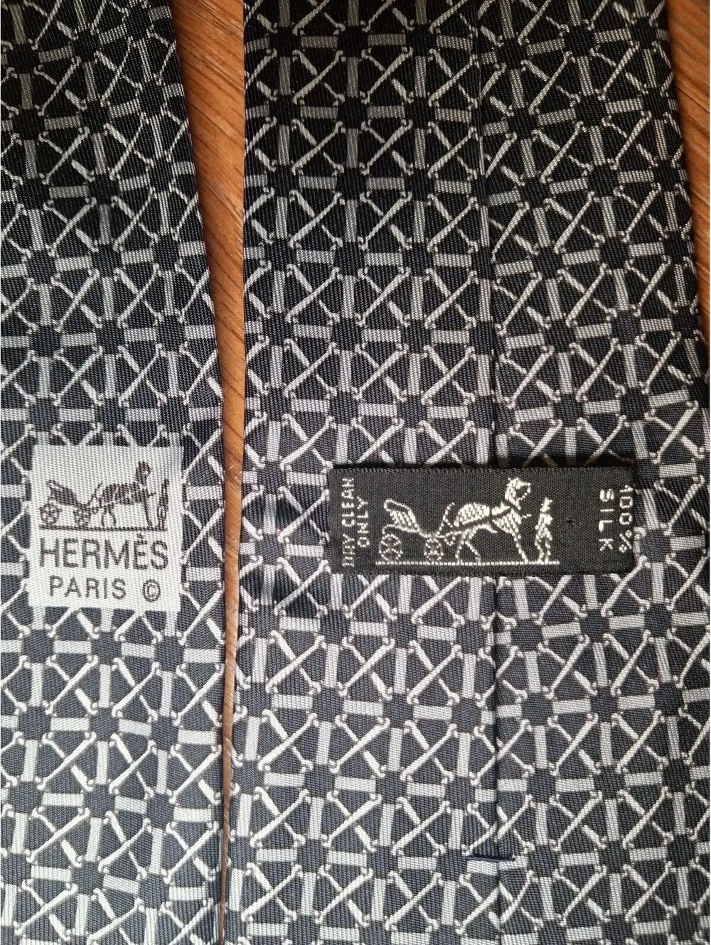 VINTAGE Hermes 100% Silk Tie Black Gray Geometric France